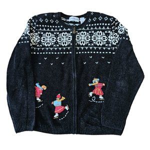 Alfred Dunner Women's Sweater Jacket Ice Skaters Fair Isle Chenille Black Size L
